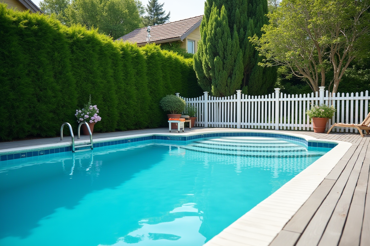 Piscine familiale dans un jardin avec barriere de securite