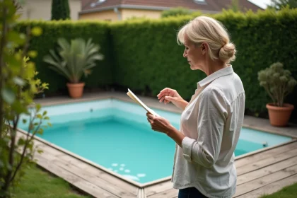 Petite piscine hors-sol dans un jardin pavillonnaire français avec propriétaire consultant un document sur les dimensions réglementaires