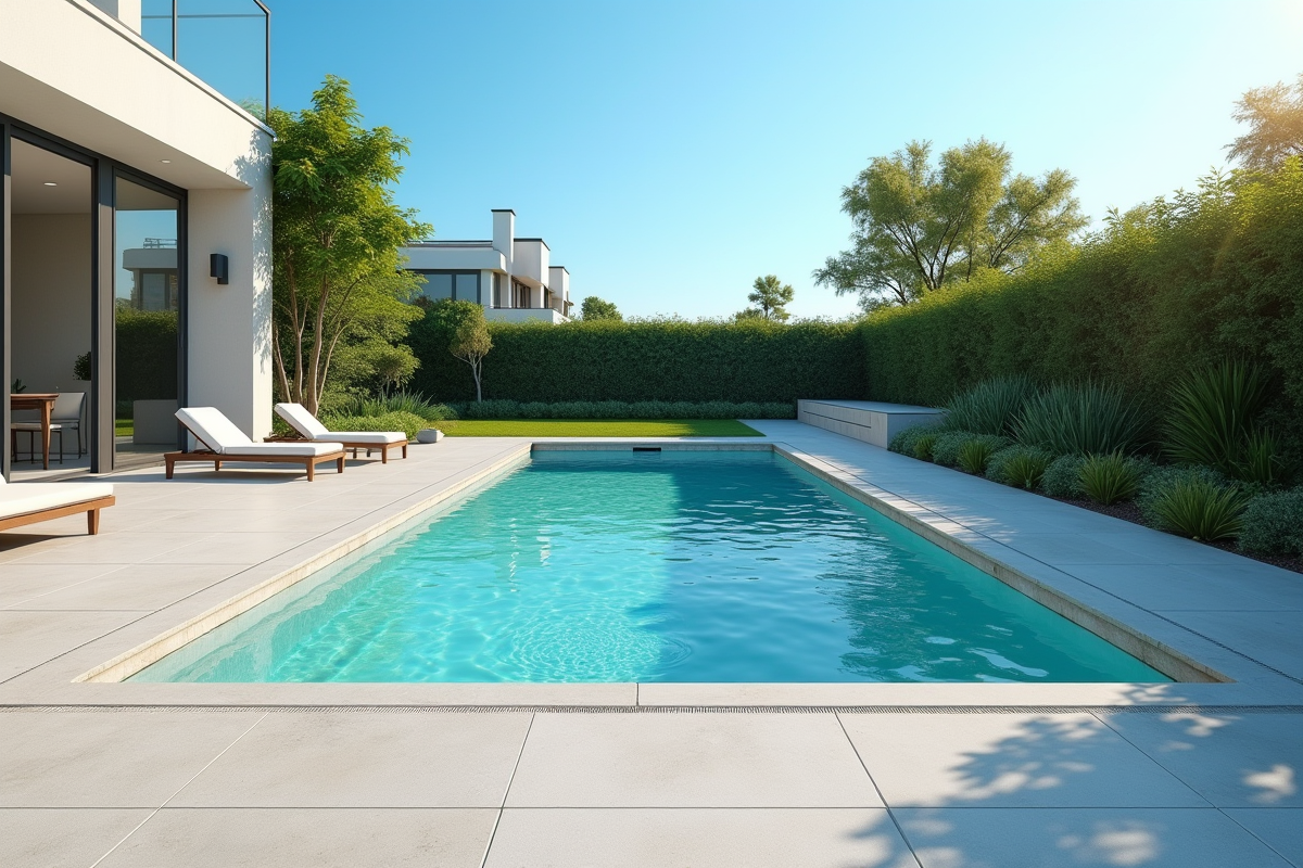 Piscine moderne avec patio en béton et reflet du soleil