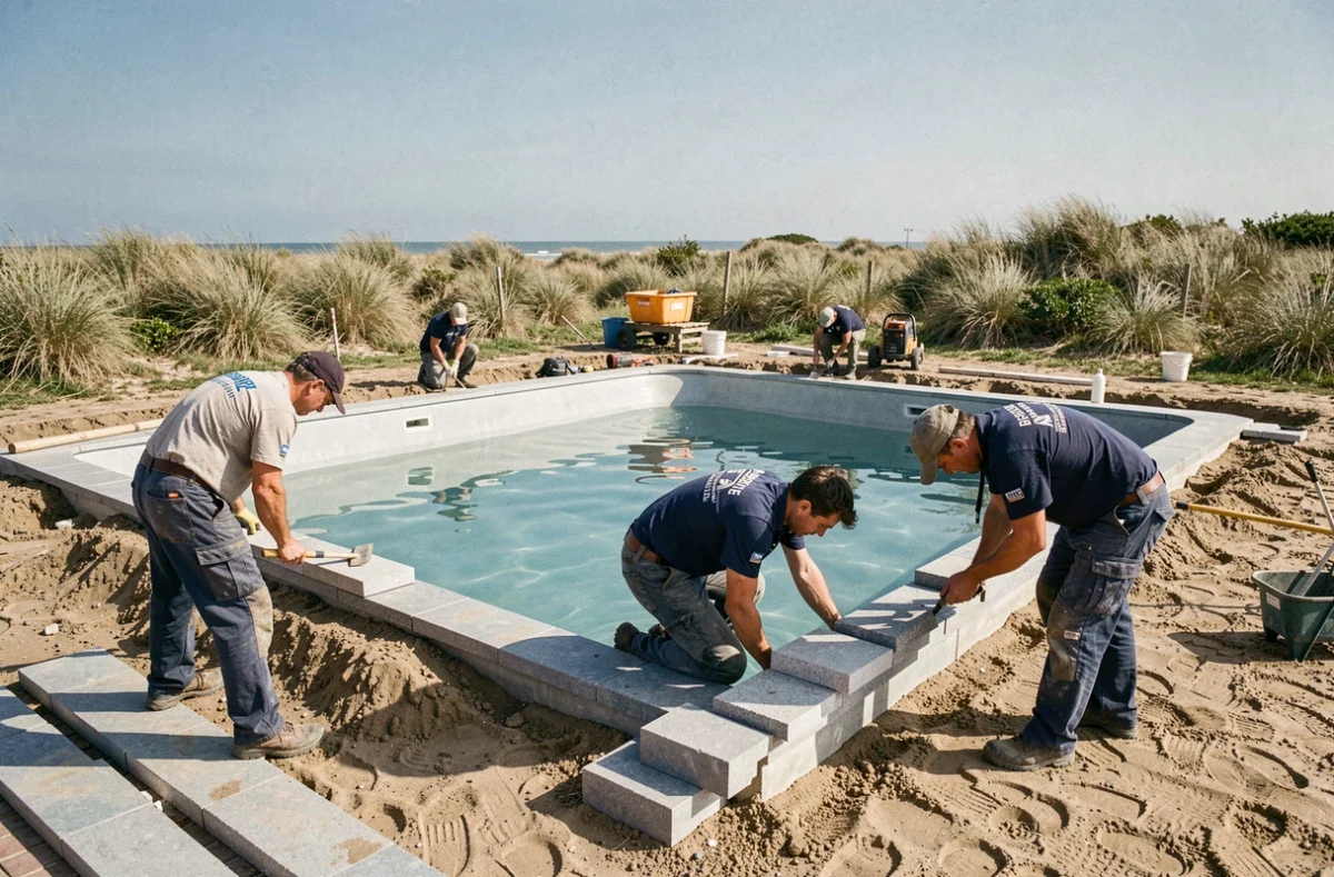 Équipe de Piscines Océanes en train de construire une piscine rectangulaire dans un jardin vendéen