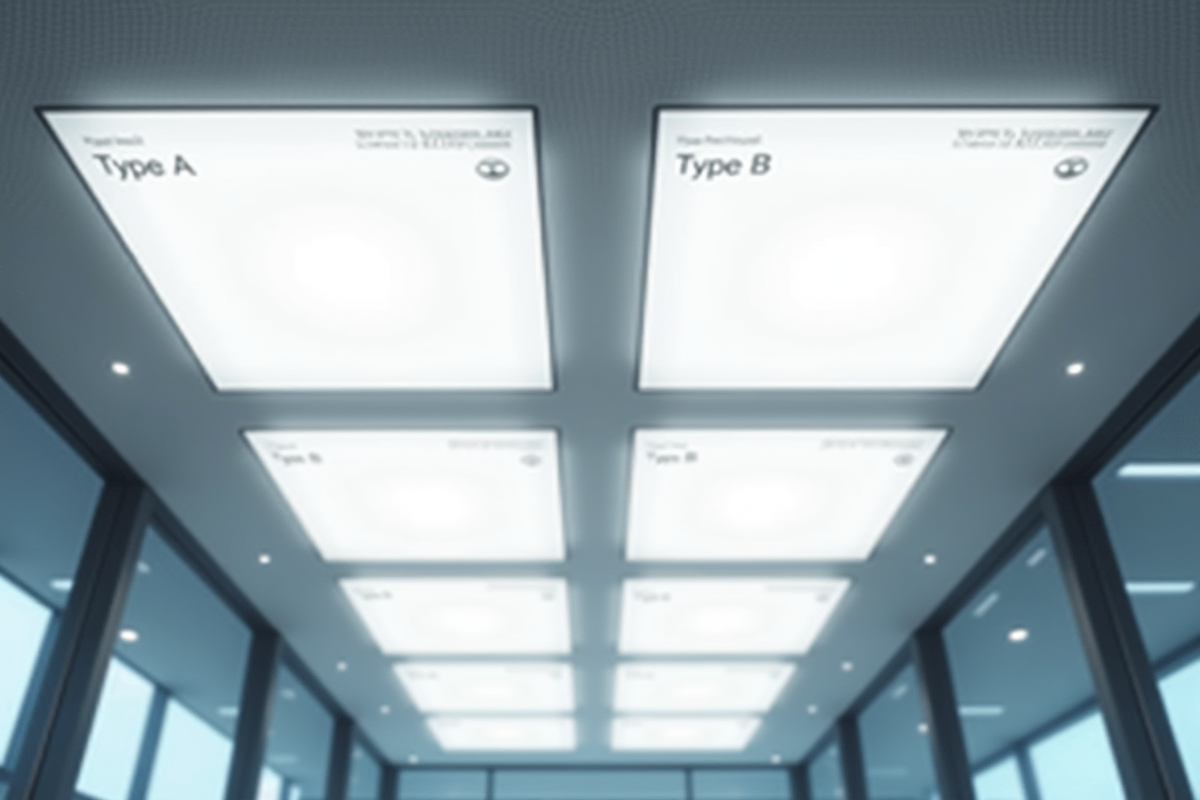 Plafond moderne avec panneaux LED marqués Type A et B dans un bureau lumineux