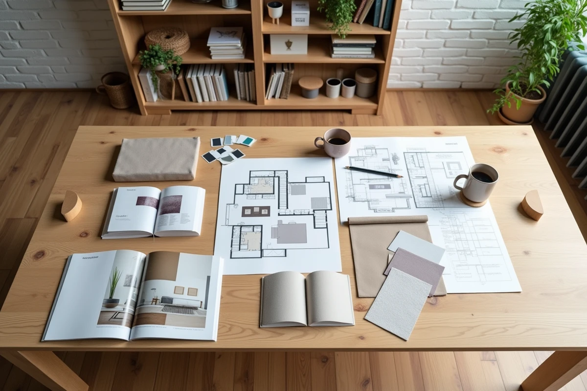 Planche d'inspiration pour l'aménagement intérieur avec échantillons de tissu, nuancier de peinture et plans de décoration posés sur une table en bois