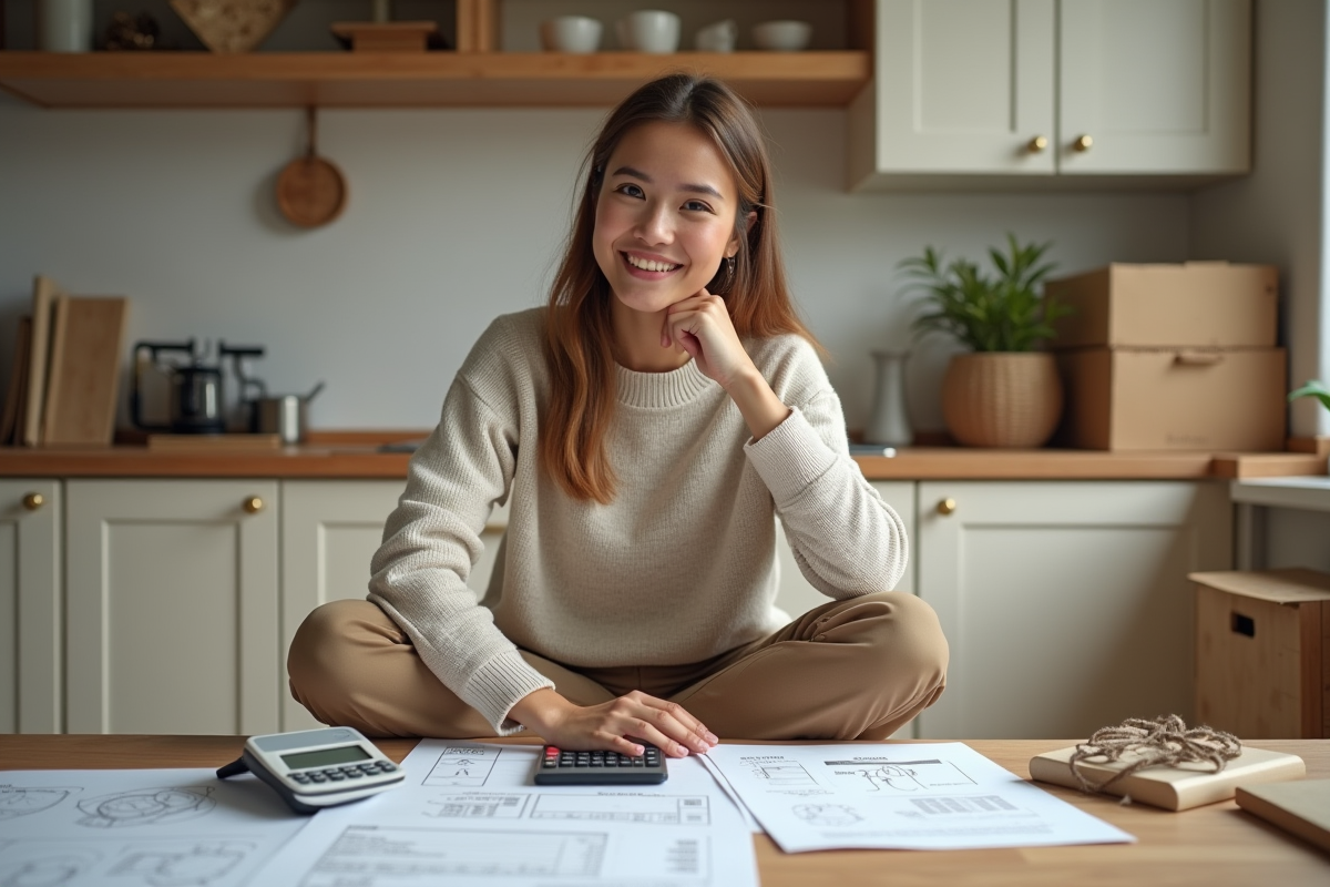 Jeune femme souriante planifie des travaux dans la cuisine