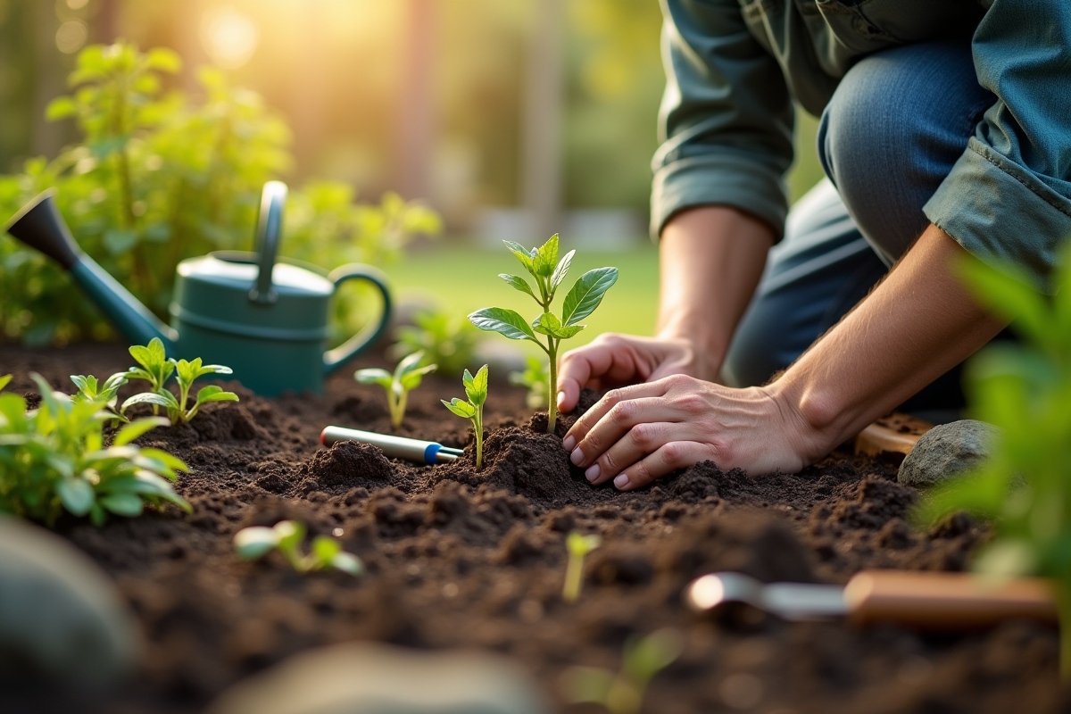 Jardinier plantant jeunes plants dans un sol riche et mulche