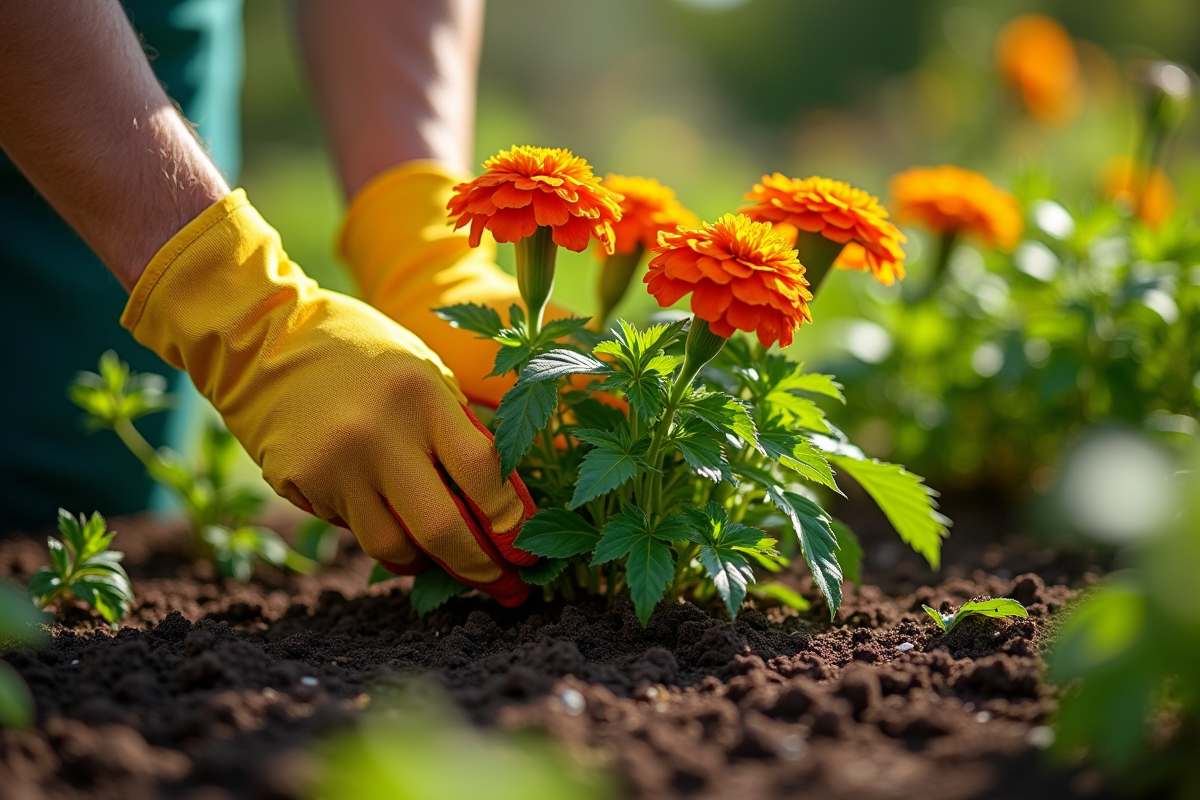 Main plantant marguerites et citronnelle dans le jardin