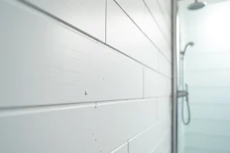 Plaques PVC blanches installées sur un mur de salle de bain moderne avec système emboîtement rainure et languette
