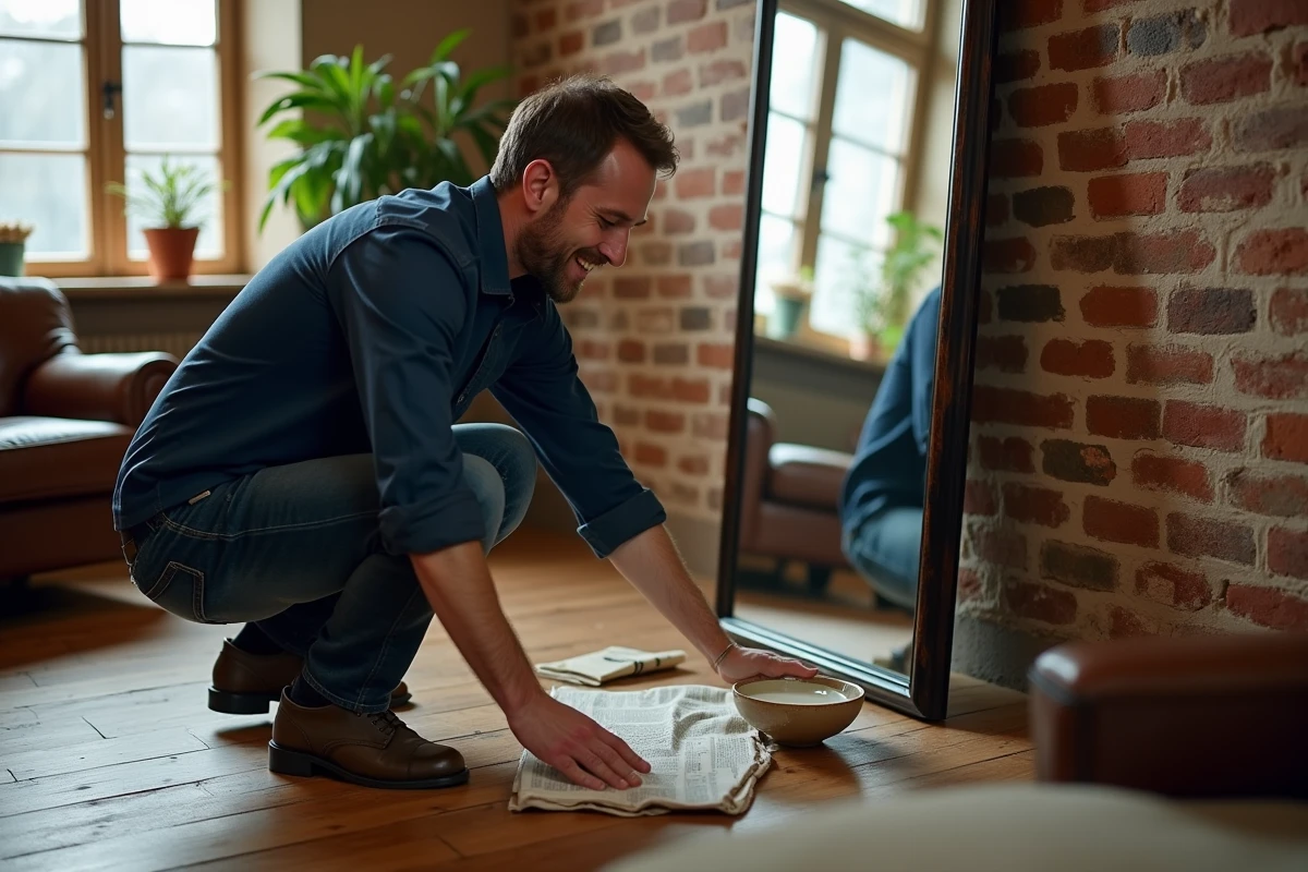 Homme astiquant un grand miroir vintage avec du journal froissé et une solution de vinaigre blanc maison