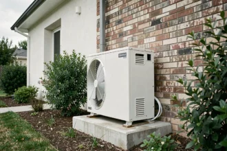 Pompe à chaleur air-eau installée en extérieur sur la façade d'une maison individuelle avec jardin