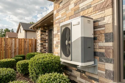Pompe à chaleur extérieure de 12 kW installée sur la façade d'une maison individuelle contemporaine