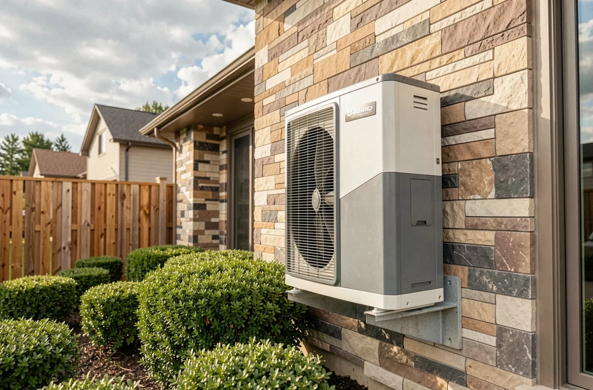 Pompe à chaleur extérieure de 12 kW installée sur la façade d'une maison individuelle contemporaine