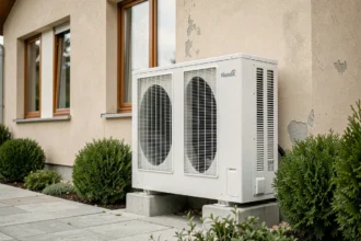 Pompe à chaleur air-air installée sur la façade extérieure d'une maison de 160 m²
