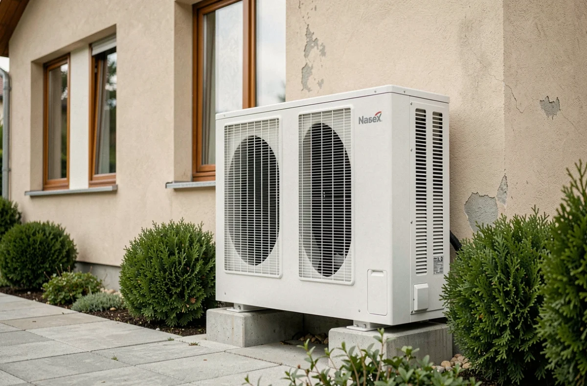 Pompe à chaleur air-air installée sur la façade extérieure d'une maison de 160 m²