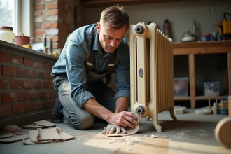 Homme ponçant un radiateur en atelier lumineux