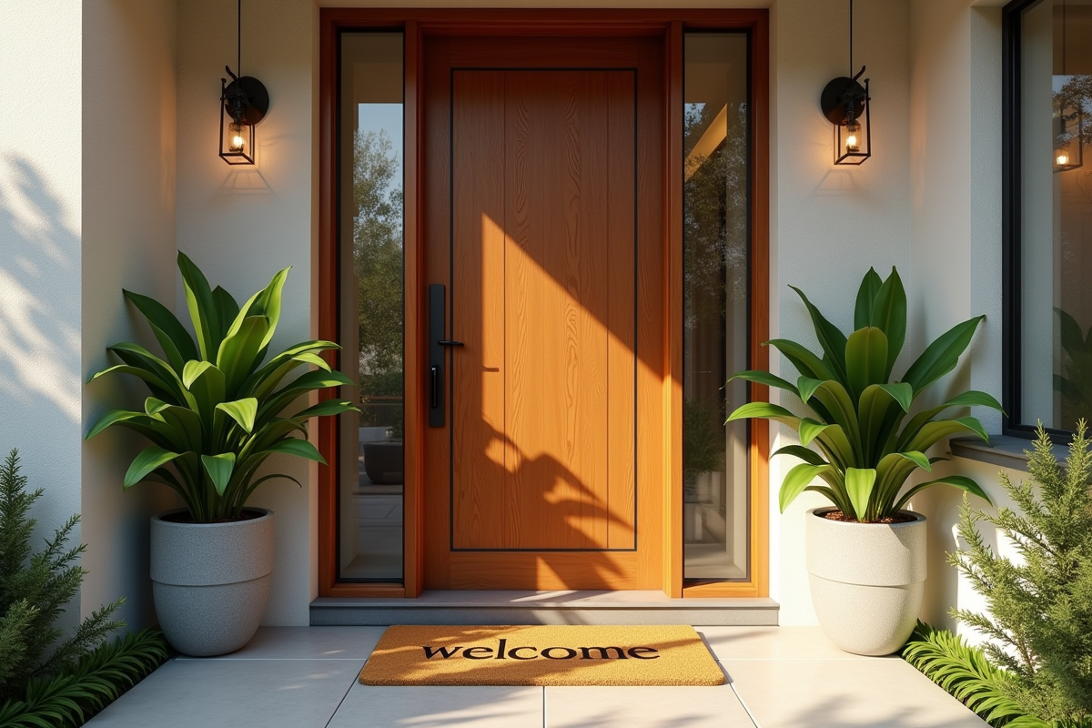 Porte d'entrée moderne avec tapis accueillant et plantes vertes