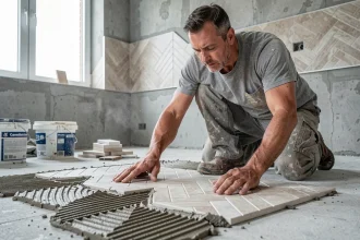 Carreleur posant un carrelage en chevron avec colle en peigne sur sol béton brut dans une salle de bain en rénovation