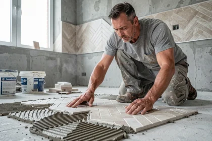 Carreleur posant un carrelage en chevron avec colle en peigne sur sol béton brut dans une salle de bain en rénovation