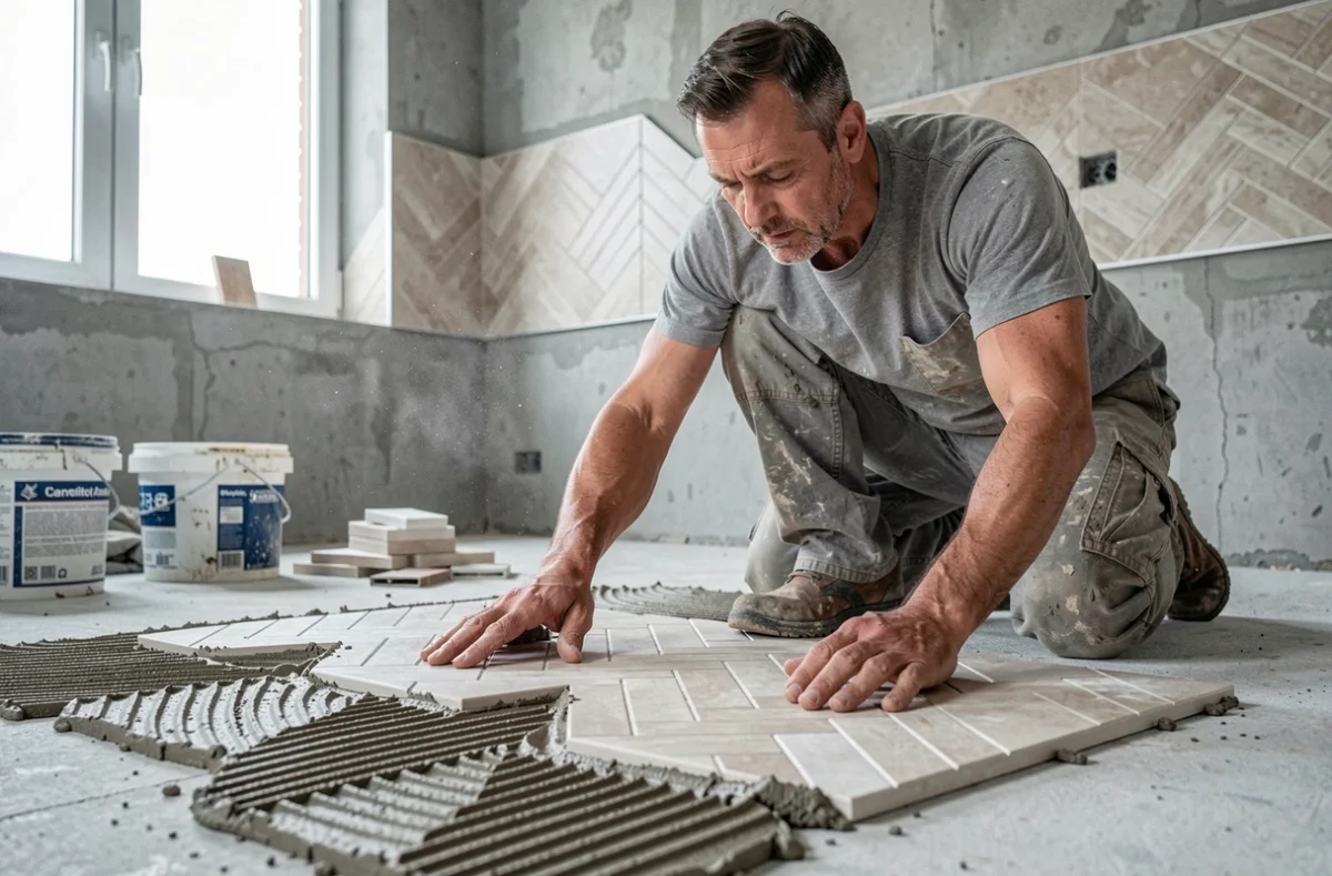 Carreleur posant un carrelage en chevron avec colle en peigne sur sol béton brut dans une salle de bain en rénovation