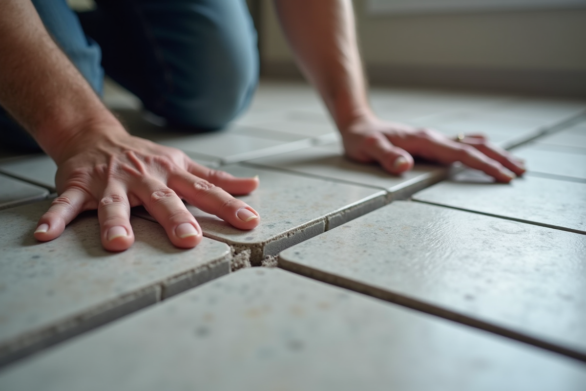 Main installant des carreaux gris sur le sol du sous-sol