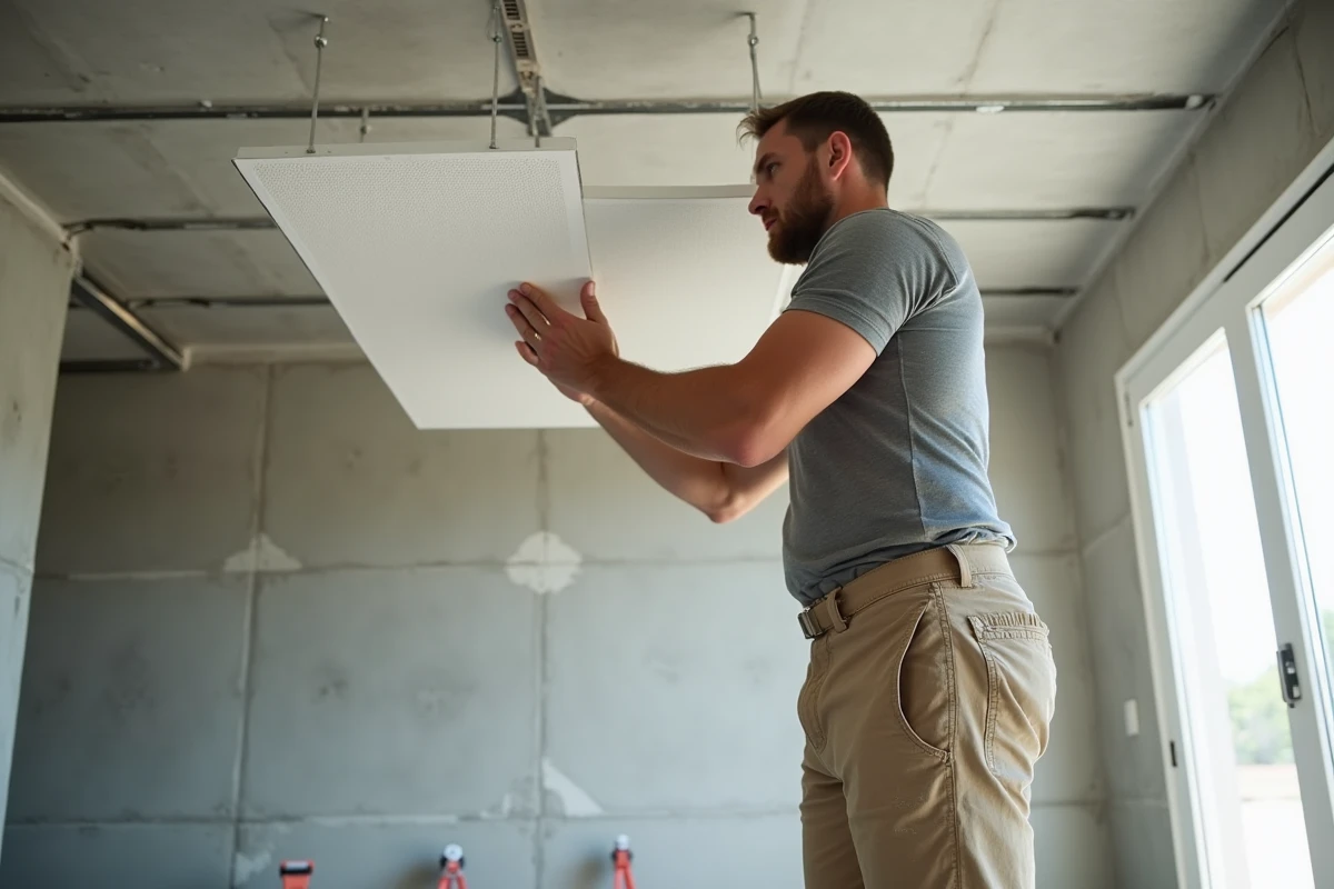 Artisan en train de poser un faux plafond à dalles minérales sur ossature métallique dans une pièce en rénovation