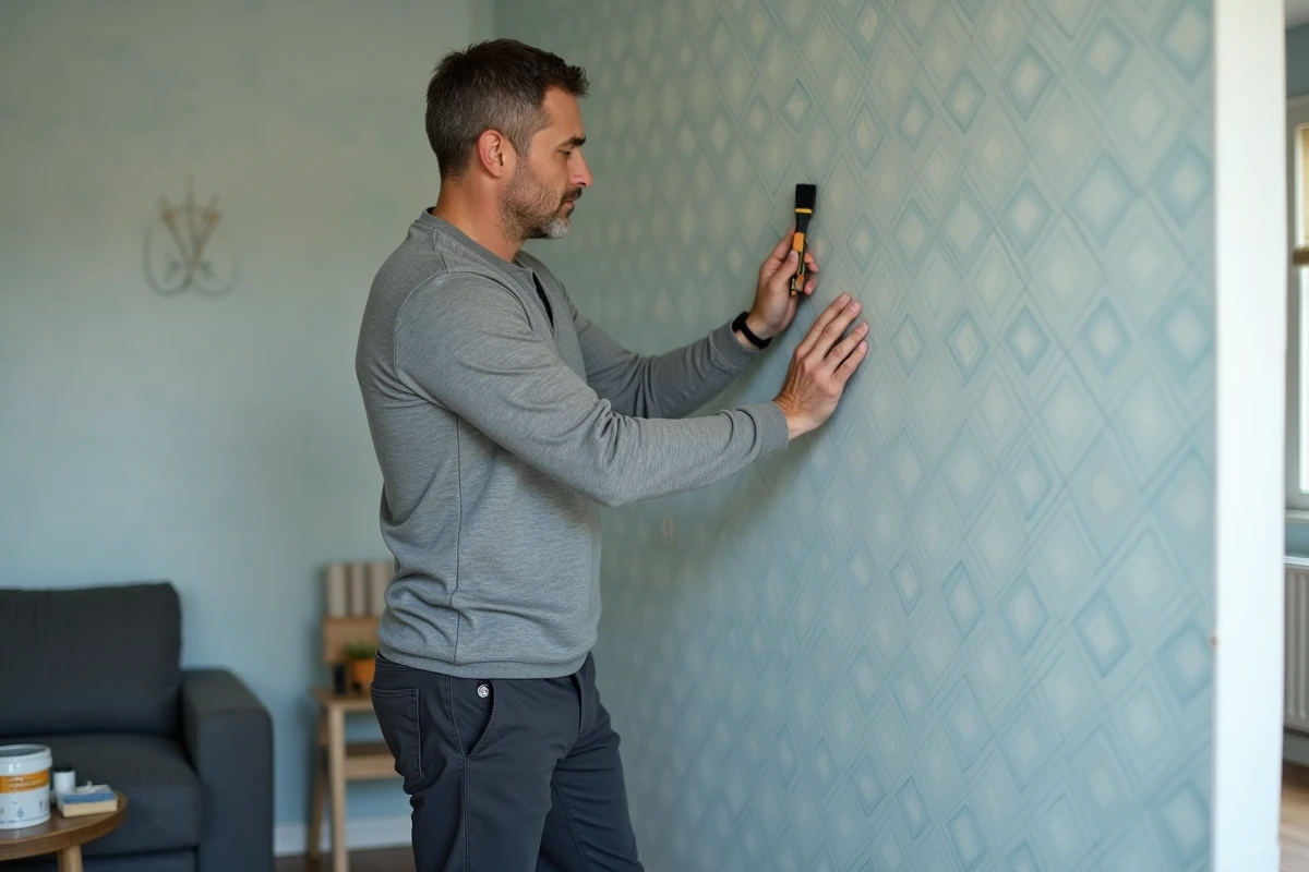Homme posant du papier peint sur un mur d'un petit salon de 10m2 avec une brosse de lissage