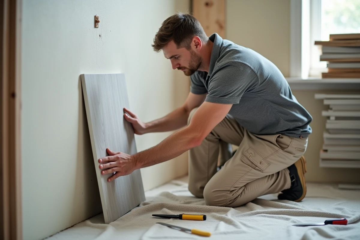 Professionnel posant une plaque PVC imitation bois dans une salle de bain en cours de rénovation