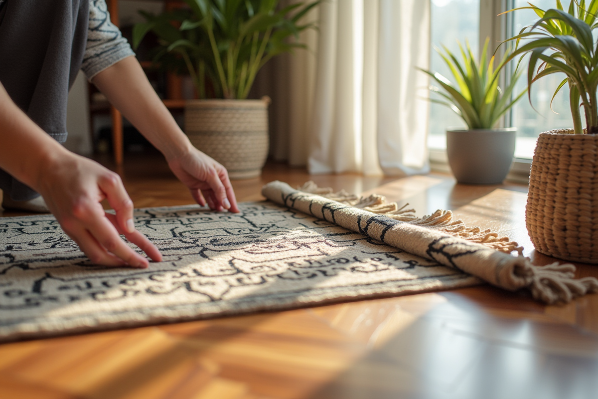 Mains disposant un tapis et des plantes sur un parquet restauré