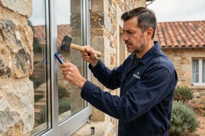 Artisan poseur de fenêtres installant un double vitrage sur une maison traditionnelle en Occitanie
