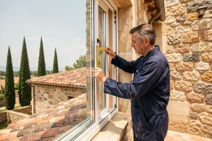 Poseur de fenêtres professionnel mesurant un cadre de fenêtre sur une maison provençale dans le Var