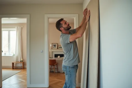 Homme posant une plaque de platre dans un salon moderne