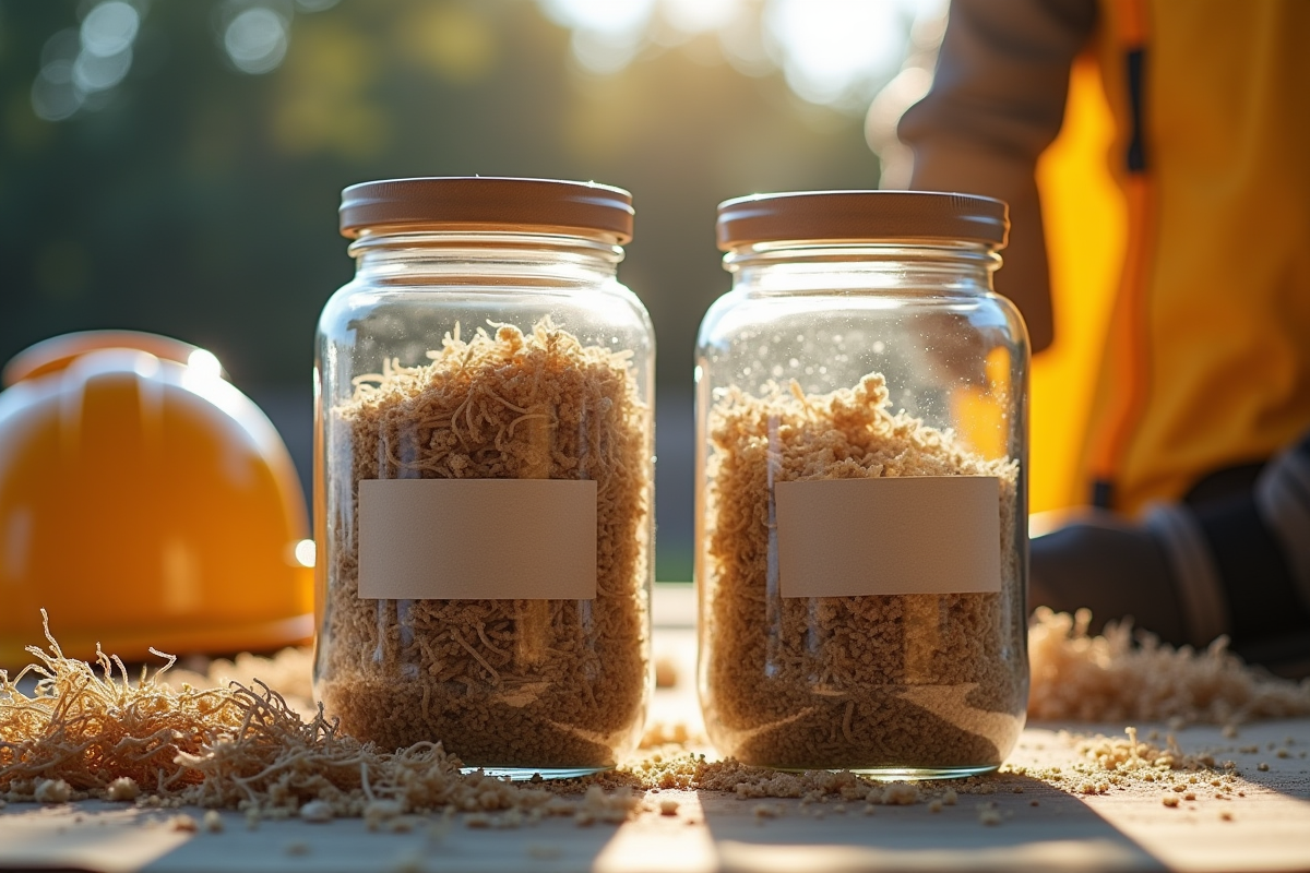 Deux pots avec matériaux isolants sur un plan de travail en lumière naturelle