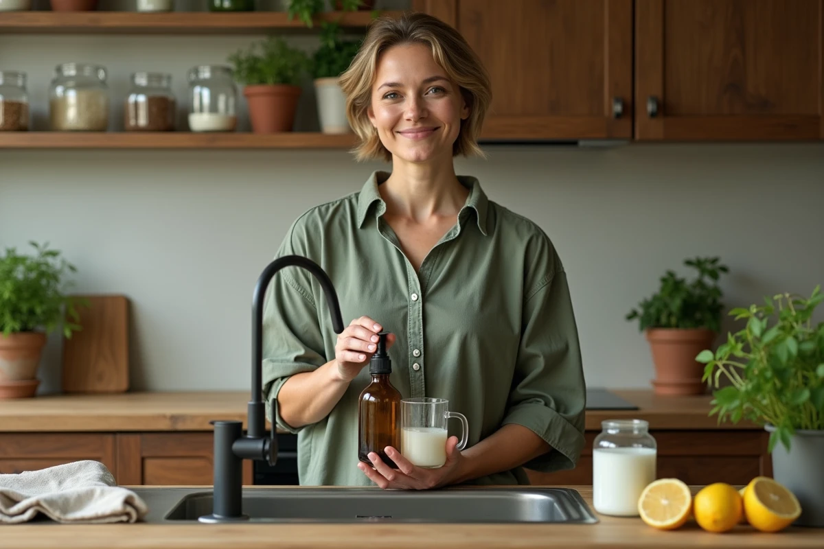 Préparation d'un spray nettoyant naturel pour miroir à base de vinaigre blanc et de citron dans une cuisine zéro déchet