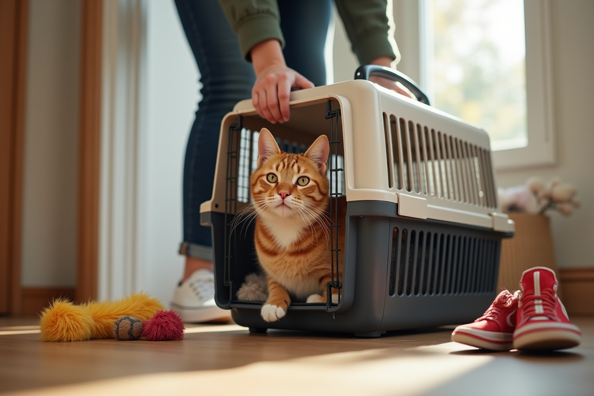 Propriétaire préparant un chat pour le voyage