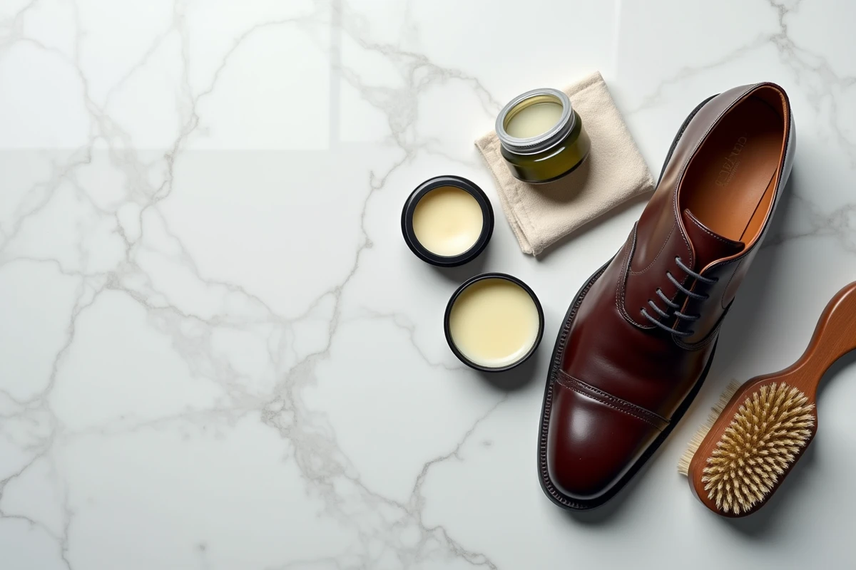 Vue de dessus d'une sélection de produits d'entretien pour chaussures en cuir, cire naturelle et crème synthétique sur marbre blanc