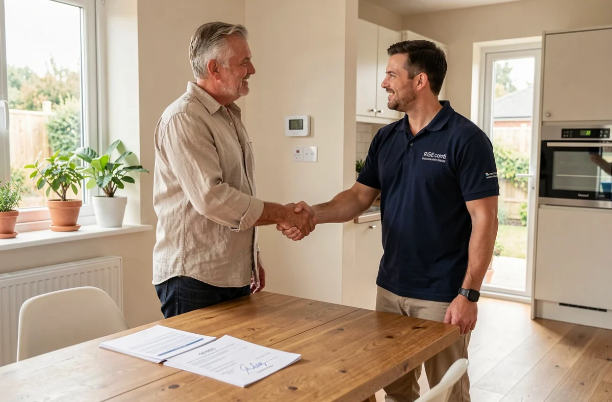 Propriétaire signant un contrat avec un installateur RGE certifié pour la pose d'une pompe à chaleur
