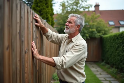 Propriétaire inspectant une clôture en bois dans son jardin pour évaluer les travaux nécessaires