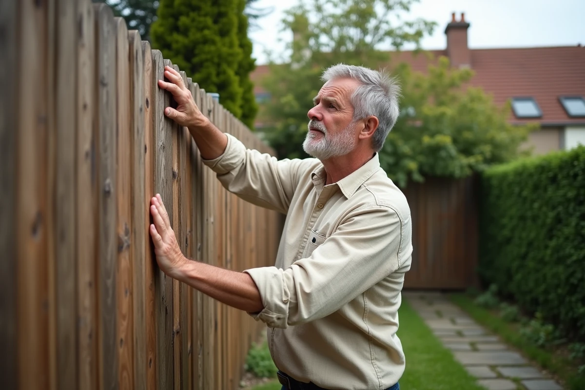 Propriétaire inspectant une clôture en bois dans son jardin pour évaluer les travaux nécessaires
