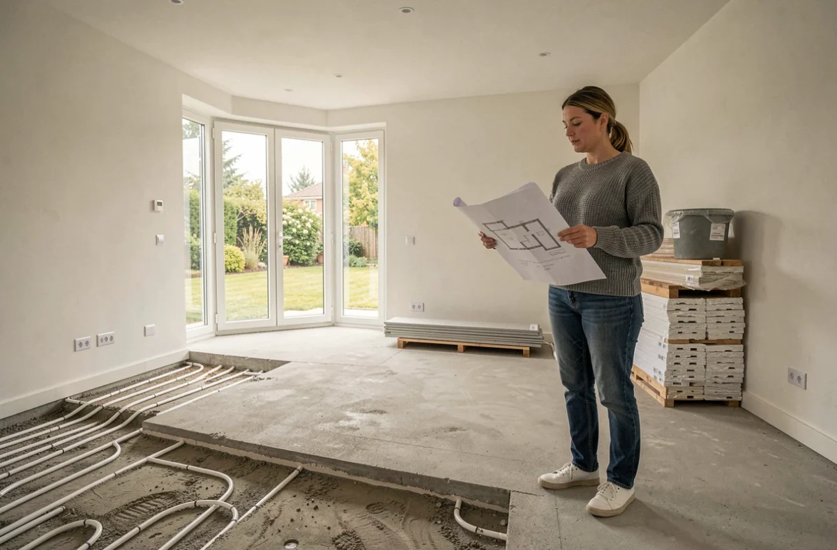 Propriétaire consultant des plans pour l'installation d'une pompe à chaleur dans une maison de 160 m²