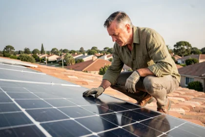Propriétaire inspectant des panneaux solaires monocristallins installés sur un toit en tuiles de maison individuelle
