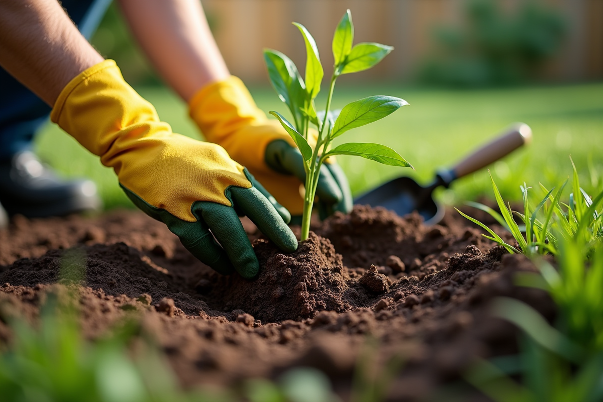 Racines de mauvaises herbes extraites du sol humide avec des mains gantées