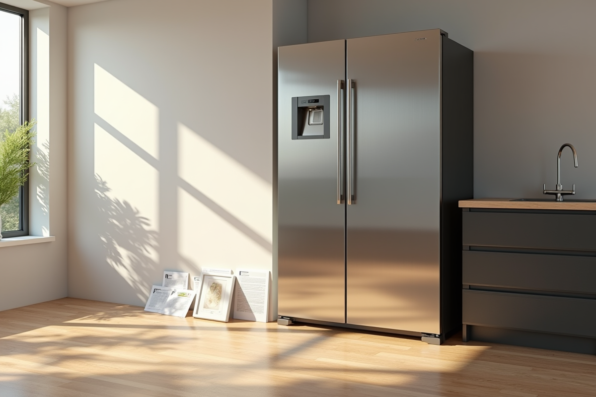 Réfrigérateur en acier inox dans une cuisine lumineuse