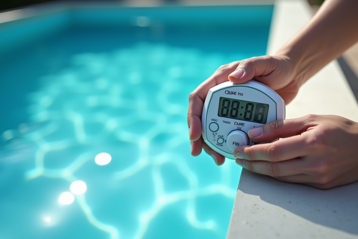 Main réglant un temporisateur digital pour la filtration de la piscine