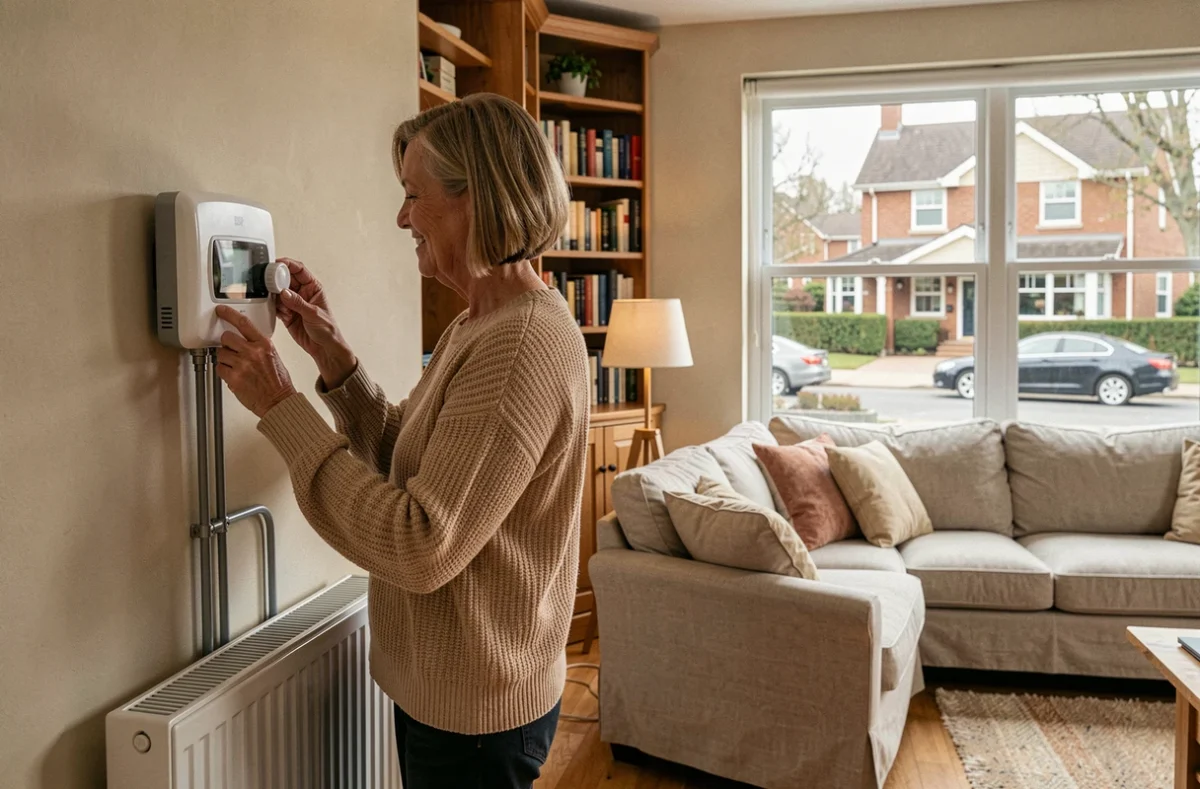 Femme réglant le thermostat d'un système de pompe à chaleur dans un salon bien isolé
