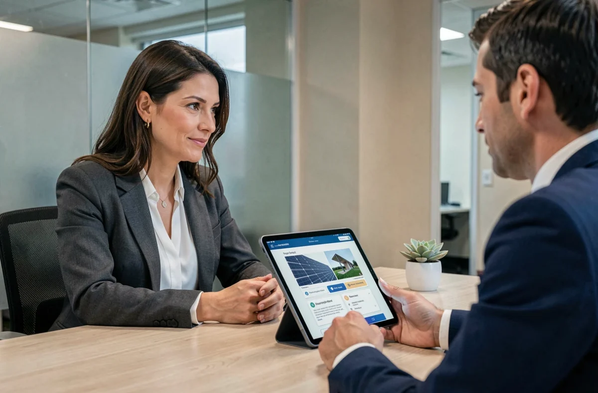 Femme en rendez-vous bancaire pour obtenir un prêt financement installation solaire