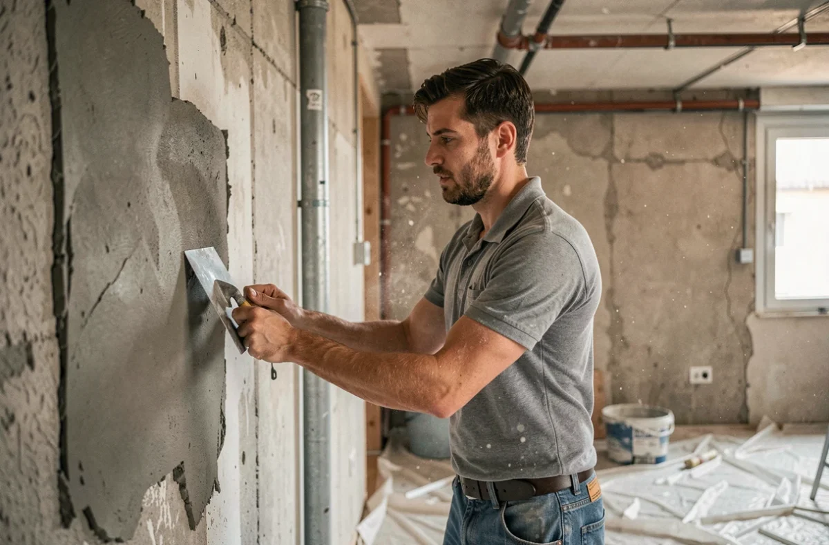Maçon appliquant du plâtre sur un mur intérieur lors d'une rénovation à Ivry-sur-Seine pour RENO D8D
