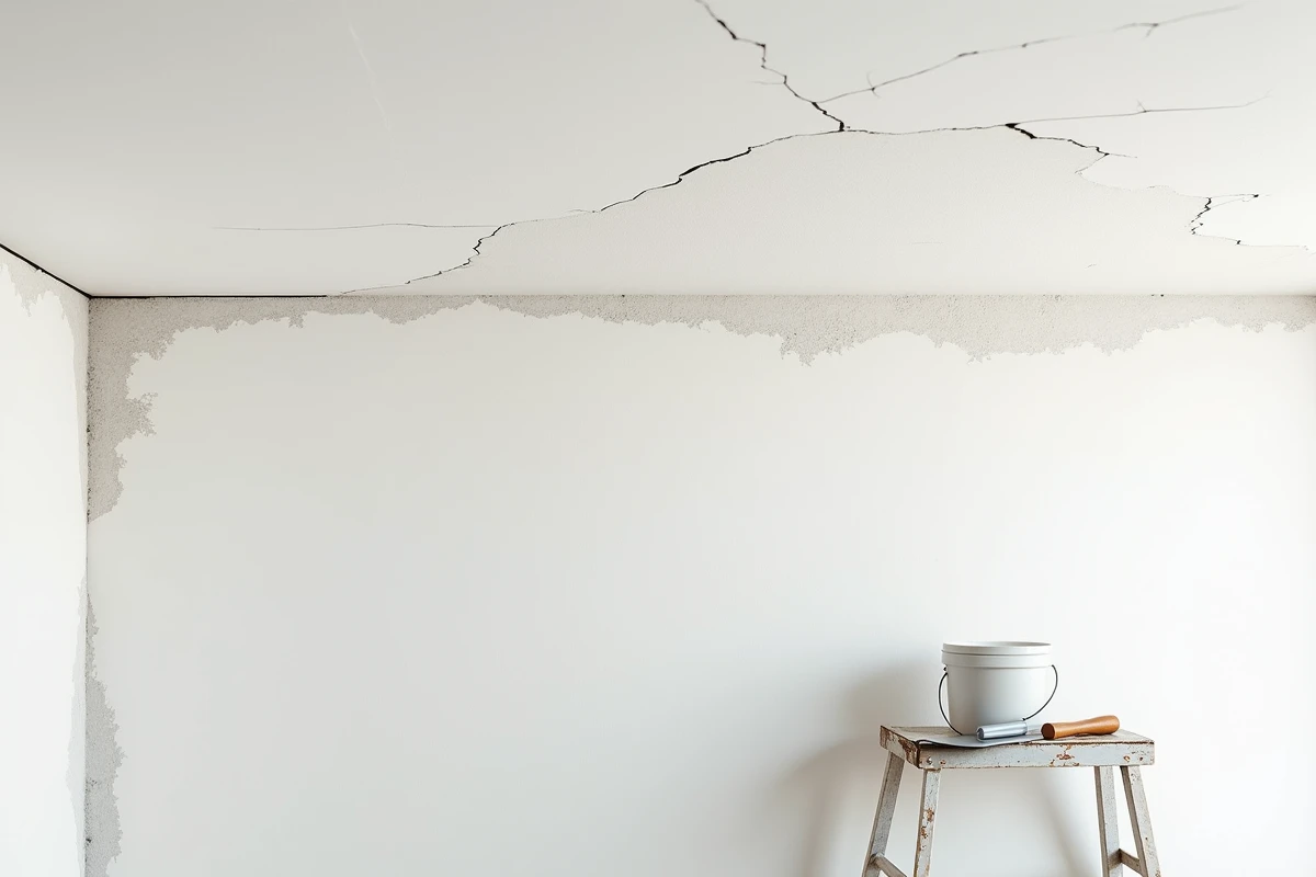 Gros plan sur une réparation de fissure de plafond en cours avec enduit de rebouchage et spatule sur un escabeau
