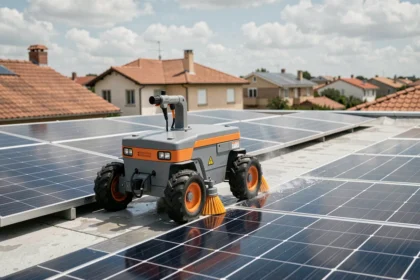 Robot nettoyeur autonome sur des panneaux solaires photovoltaïques installés sur un toit résidentiel
