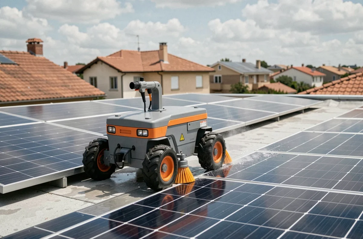 Robot nettoyeur autonome sur des panneaux solaires photovoltaïques installés sur un toit résidentiel