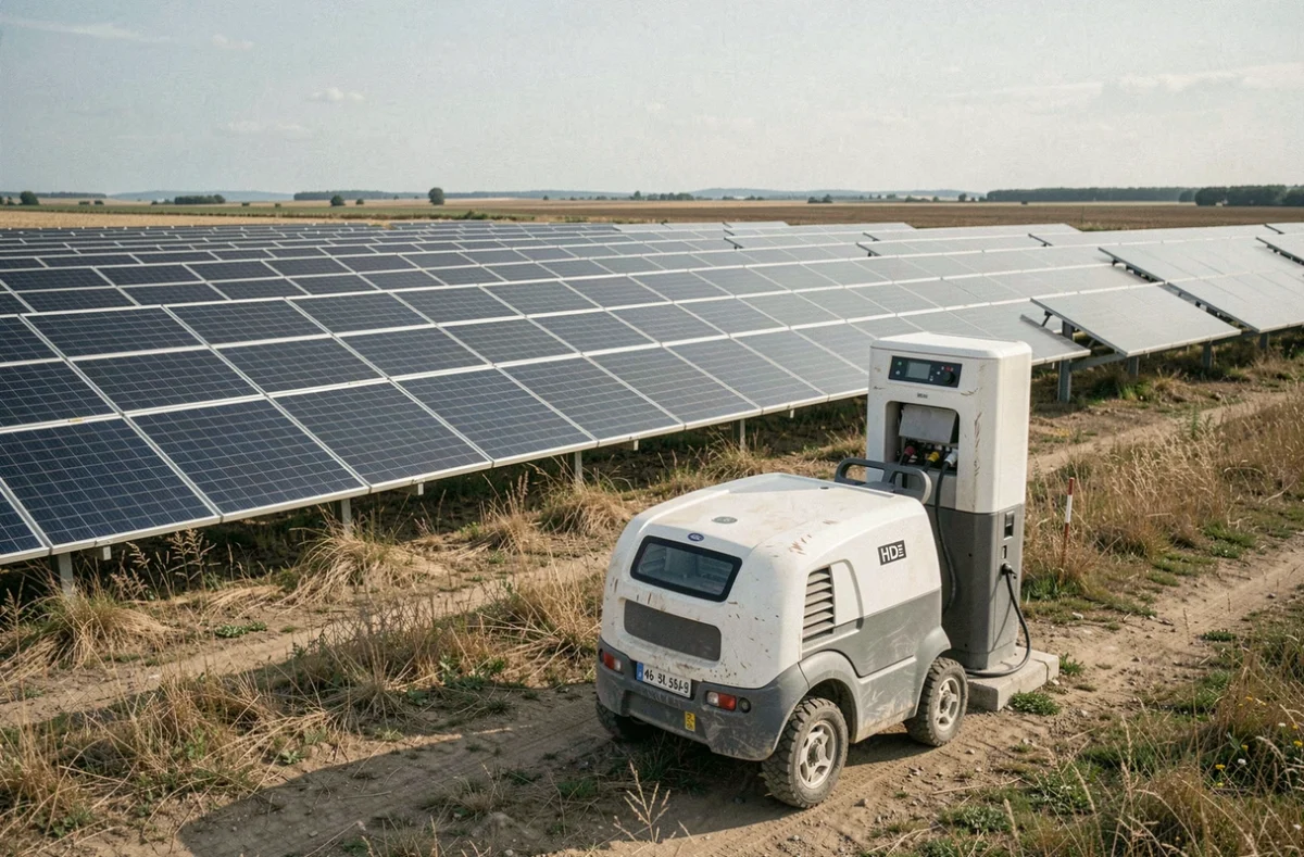 Robot nettoyeur de panneaux solaires stationné à sa station de recharge sur un parc solaire au sol