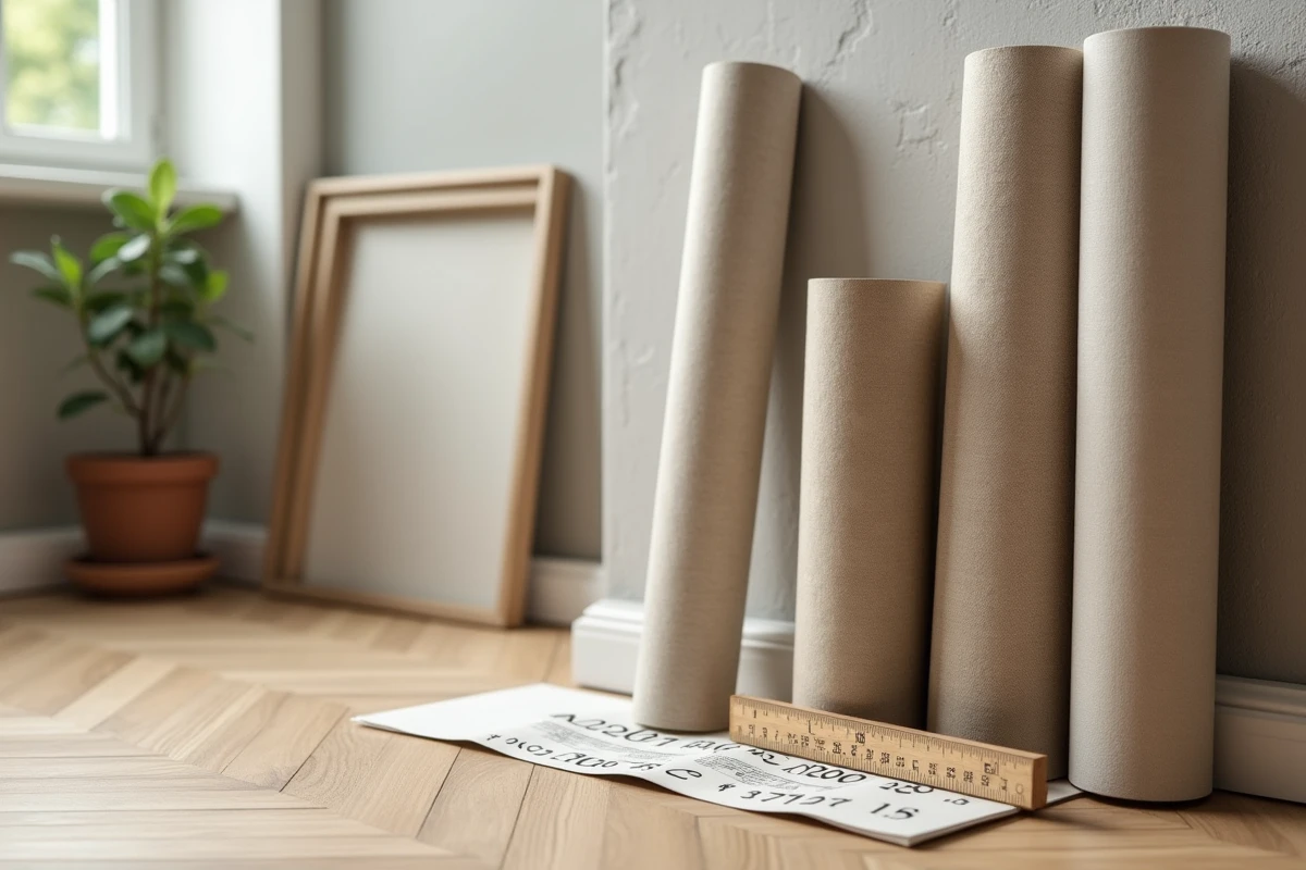 Rouleaux de papier peint empilés avec calcul manuscrit du nombre nécessaire pour un salon de 10m2
