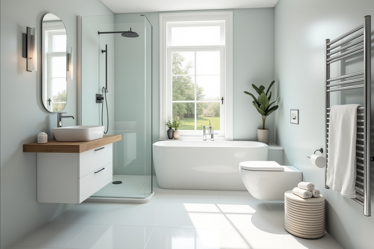 Salle de bain moderne et lumineuse avec douche et serviettes